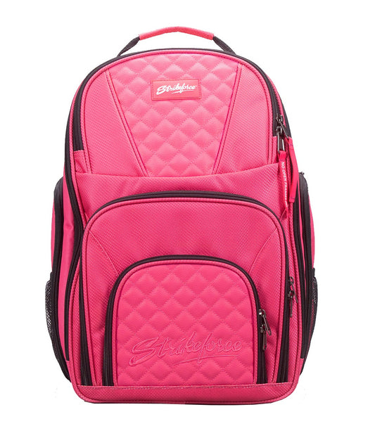 A bright pink backpack with black trim and multiple zippered compartments, shown against a plain white background.