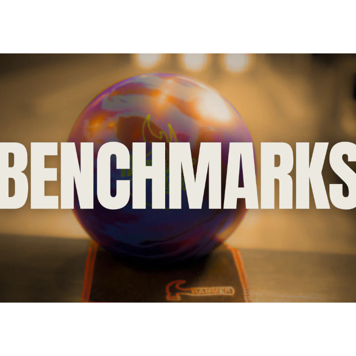 Colorful bowling ball on a lane with 'BENCHMARKS' text overlay