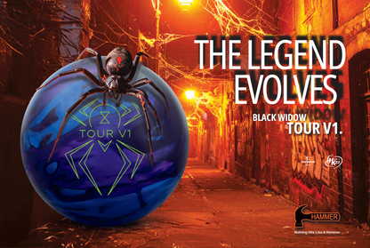 Blue ball with spider design on a dark, eerie street scene, featuring 'Black Widow Tour V1' text.